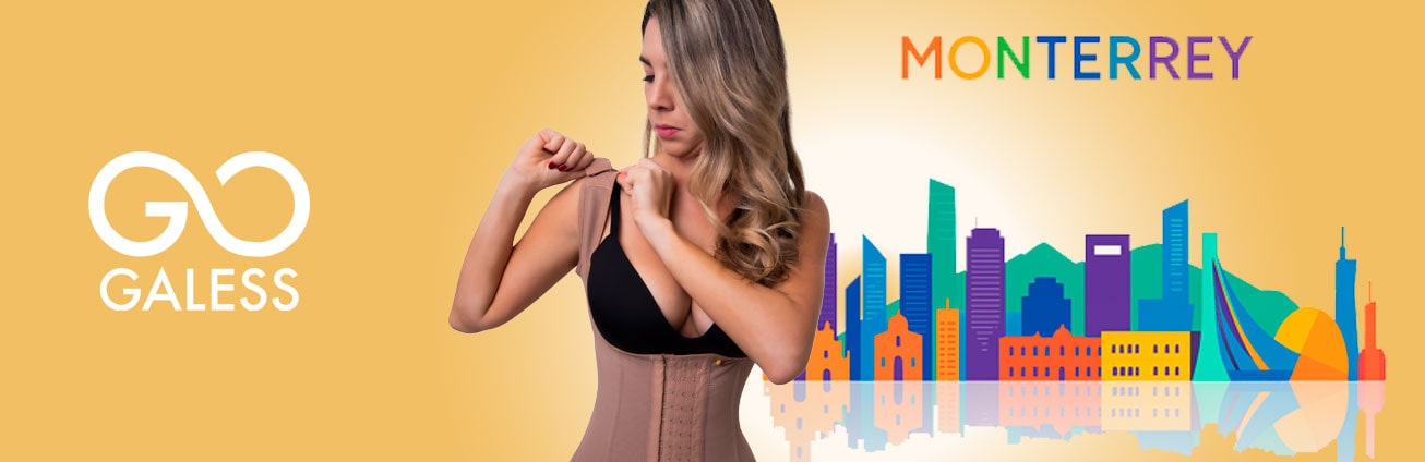 modelo mostrando la faja con un fondo de la ciudad de monterrey